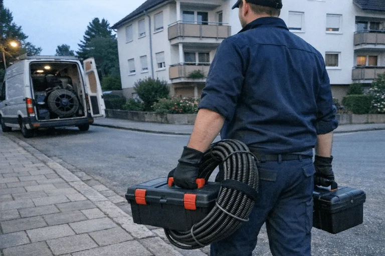 Monteur mit Werkzeugkoffer für Rohr-Notdienst im Wohngebiet