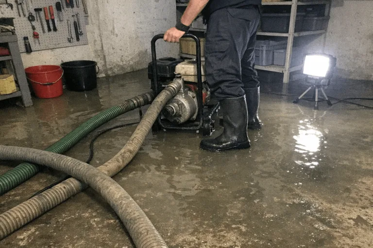 Saugpumpe im vollgelaufenen Keller bei einem Rückstau-Einsatz nach Starkregen