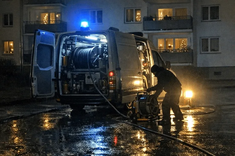 Kanalreinigungs-Servicewagen nachts bei einem weihnachtlichen Notfalleinsatz vor Ort.