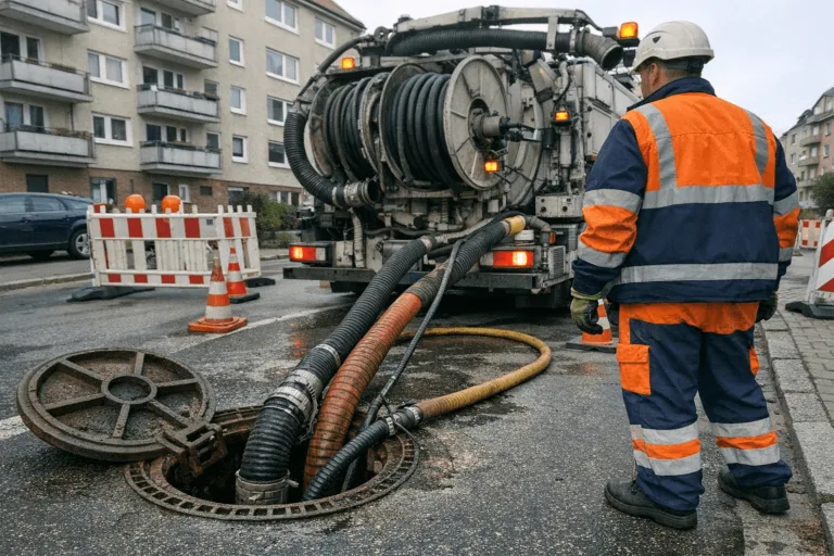 Großes Hochdruckspülfahrzeug bei Kanalreinigung auf Stadtstraße, offener Gullydeckel und sichtbare Schläuche.