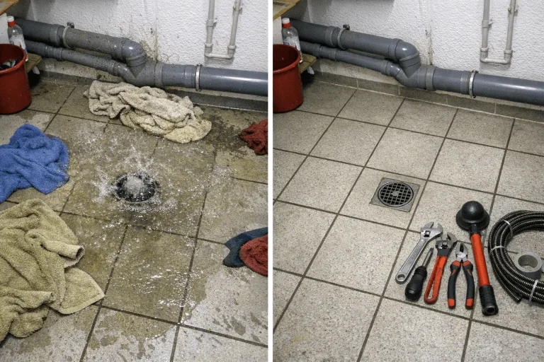 Vorher-Nachher-Bildcollage einer Reparatur nach akutem Wasseraustritt in einem Wohnhaus