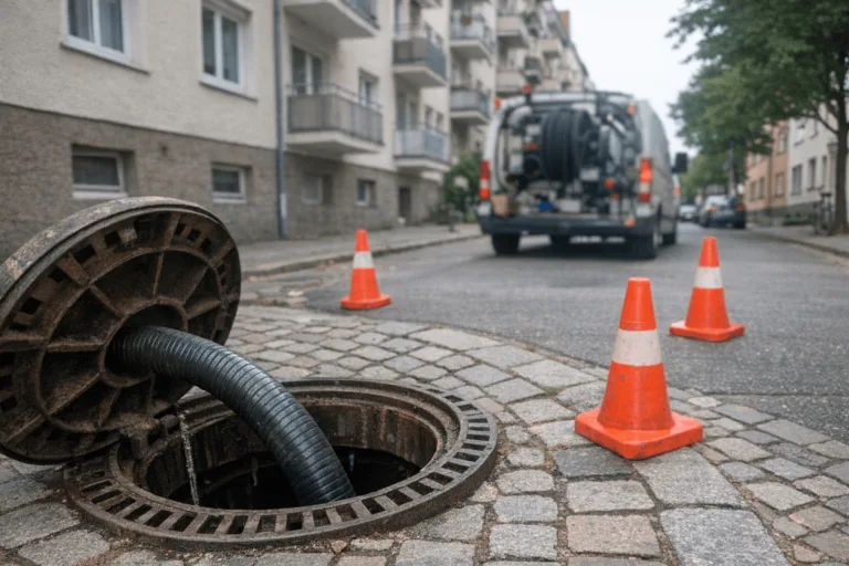 Kanaldeckel auf einer Straße mit Servicefahrzeug im Hintergrund bei einem Einsatz zur Kanalreinigung