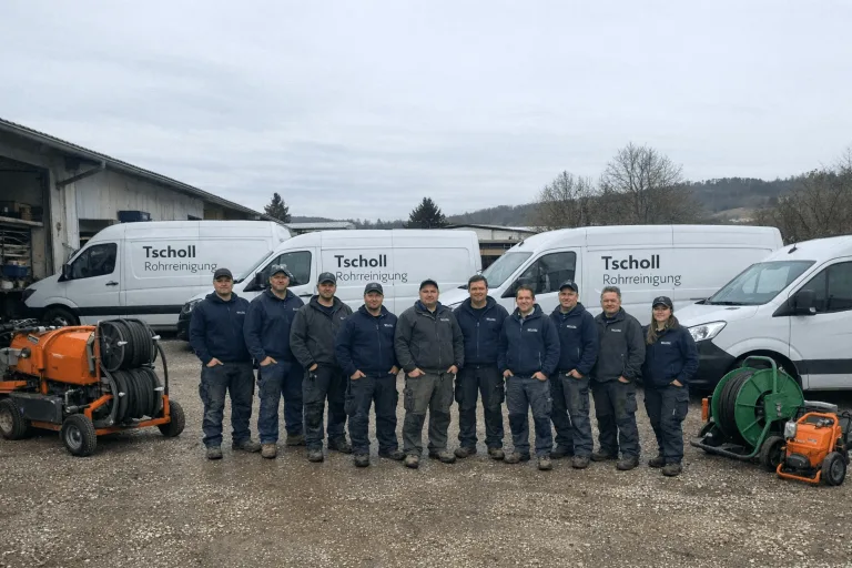 Team von Tscholl Rohrreinigung steht vor Servicefahrzeugen in Dortmund.